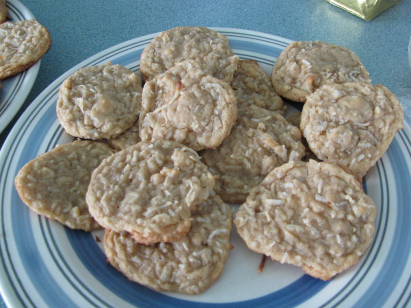 Coconut cookies sitting on a blue plate.
