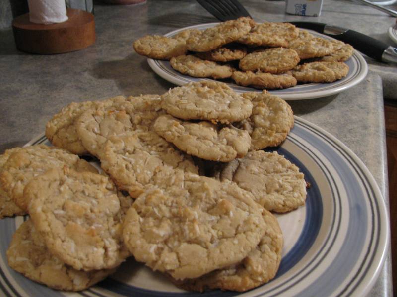 Baked coconut cookies sitting on plates.