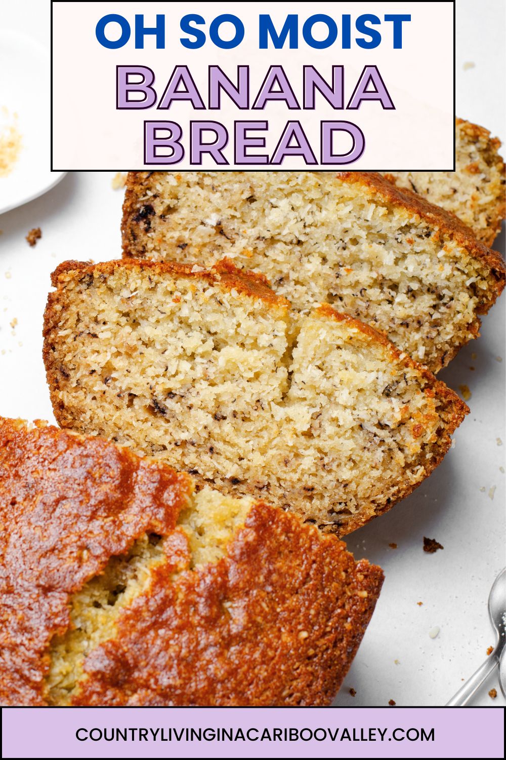 Slices of banana bread sit on a white plate.