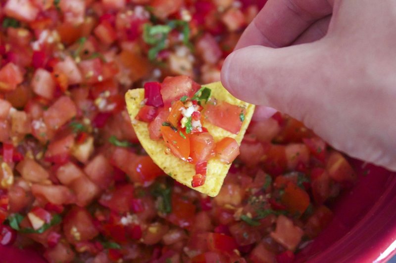 Fresh homemade chunky Salsa sits on a taco chip ready to be eaten.
