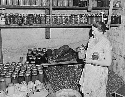 A lady stands in a full root cellar full of canned vegetables and fruits.