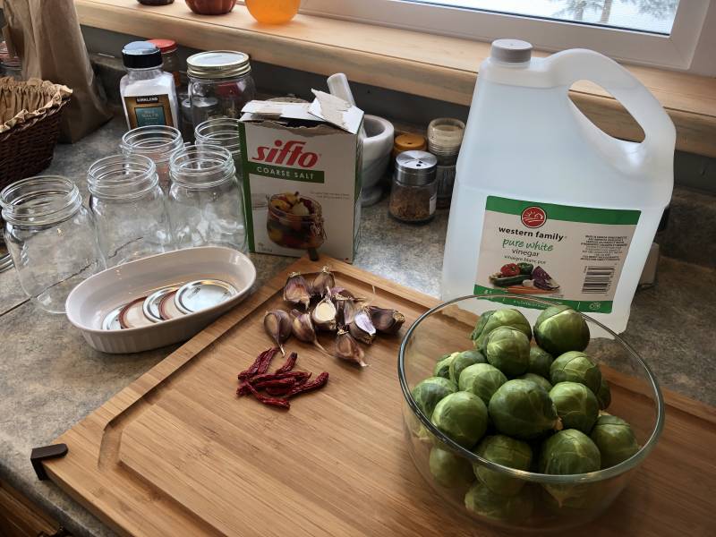 ingredients set out to make Pickled Brussels Sprouts