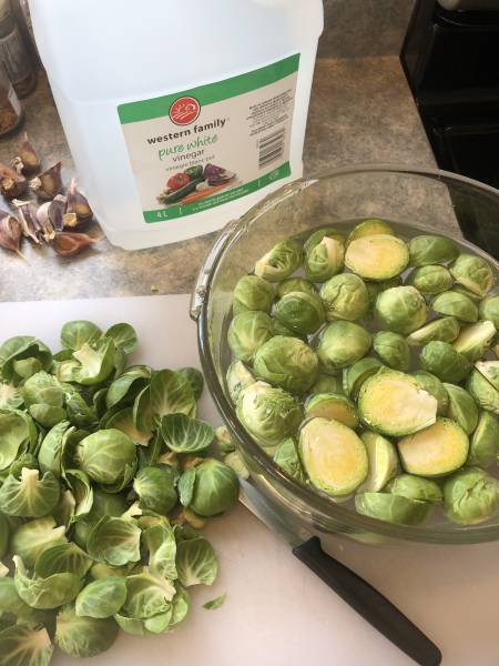 Cut Brussel Sprouts sitting in salted water.