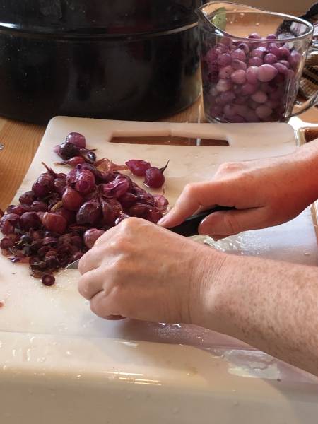 Slipping skins off pearl onions.