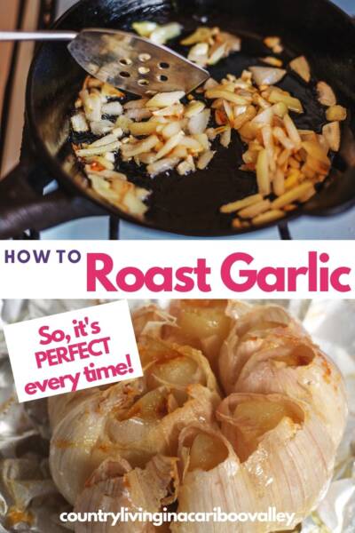 Roasted Garlic in a Saucepan and on tin foil.