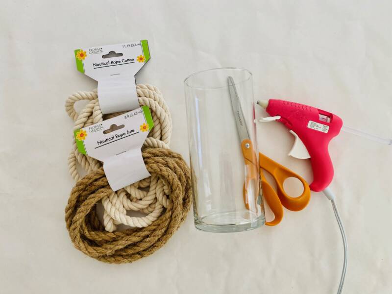 Supplies to make roped candle holder