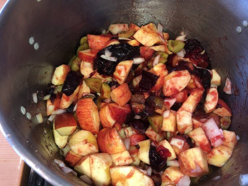 HP Sauce recipe starts with cooking apples, plums and onions until soft.