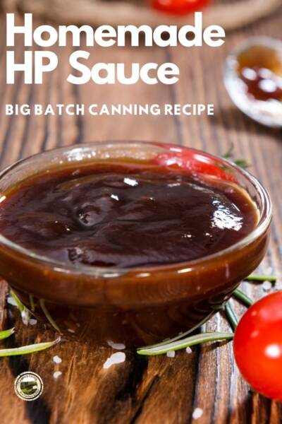 A small bowl of HP sauce on a wood table. 
