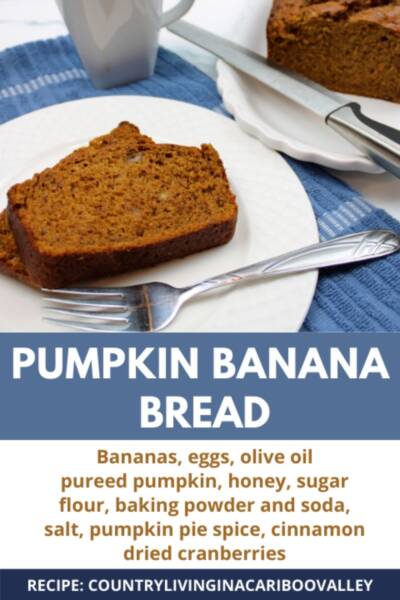 Pumpkin Banana Bread on a white plate on blue cloth