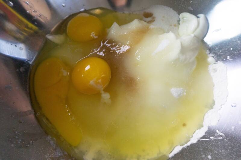Lemon cake ingredients in a mixing bowl.