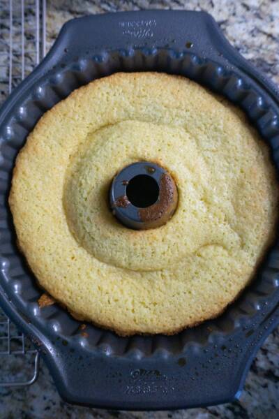 Baked cake in a bundt pan.