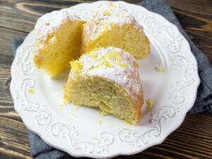 Meyer Lemon Bundt cake on a white plate