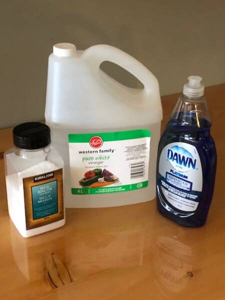 Vinegar, salt and dish soap to make weed killer