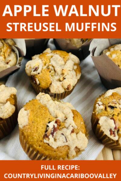 Apple Walnut Muffins with a streusel topping in a basket.
