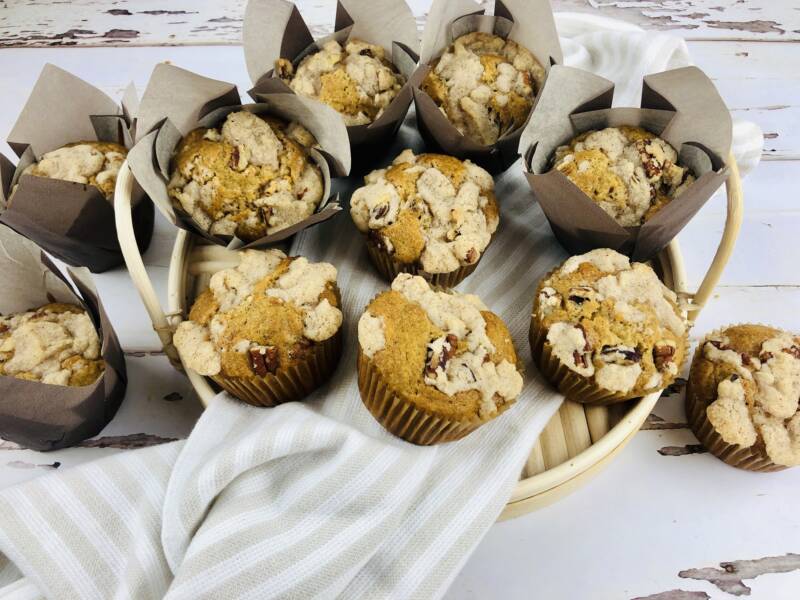 Apple Walnut muffins with streusel topping in a basket