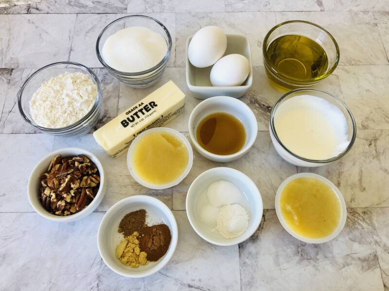 Apple Walnut Muffin ingredients measured and on a counter