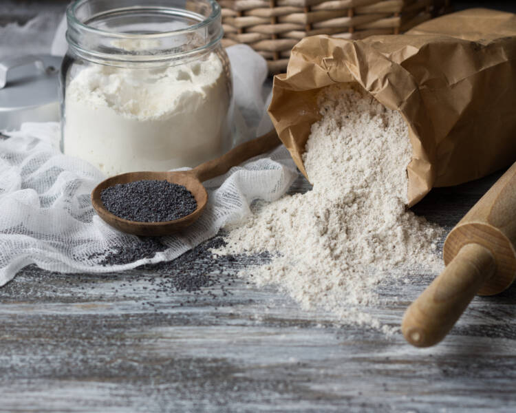 Flour and poppy seeds on counter.